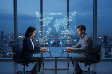Business professionals using laptops to analyze AI SEO optimization techniques and global search trends