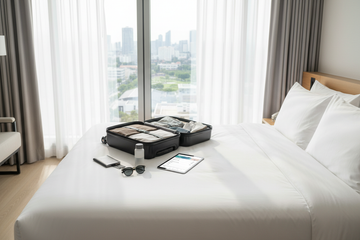 Minimalist travel planning essentials organized in a suitcase with tech devices for efficient business trips
